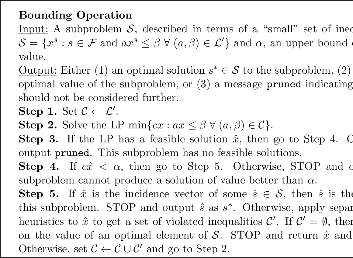 \framebox[6.5in]{
\begin{minipage}{6.0in}
\vskip .1in
{\rm
{\bf Bounding Operati...
...{\cal C} \leftarrow {\cal C} \cup {\cal
C'}$\ and go to Step 2.}
\end{minipage}}